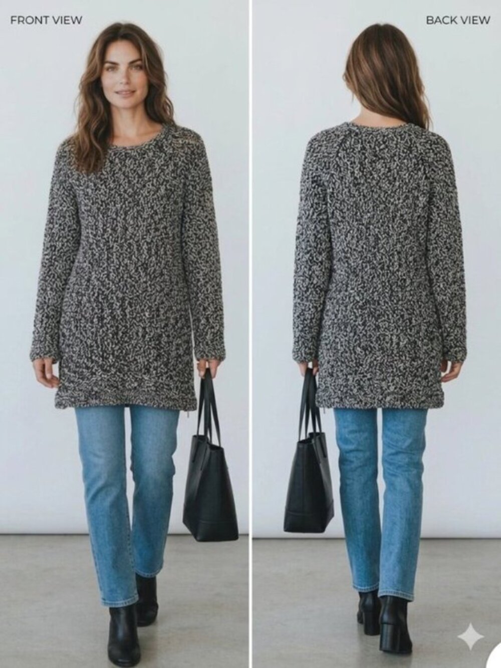 Chico's Black White Marled Knit Crochet Sweater Tunic Top Long Sleeve Sz 3/16 XL
